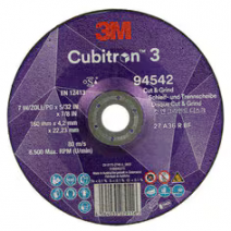 3M™ Cubitron™ 3 Cut and Grind Wheel, 94542, 36+, T27, 180 mm x 4.2 mm x 22.23 mm (7 x 5/32 x7/8 in), EN, 10/Pack, 20 ea/Case